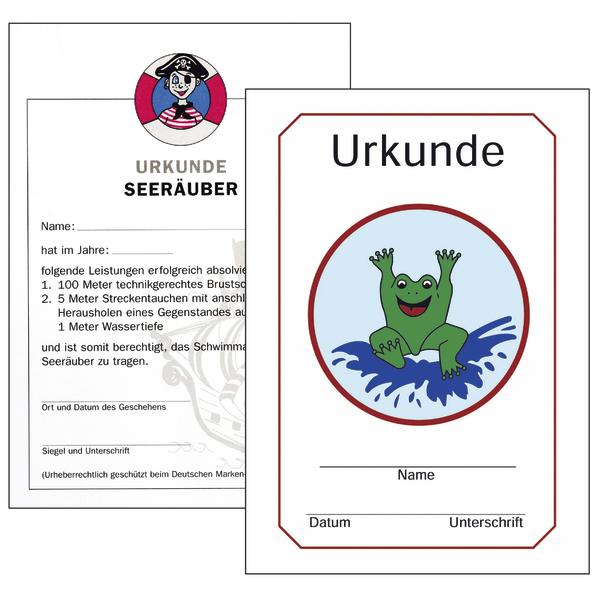 Urkunde Seeräuber mit Piratenbild für Schwimmabzeichen. Urkunde mit Froschmotiv für Schwimm- oder Sportauszeichnung