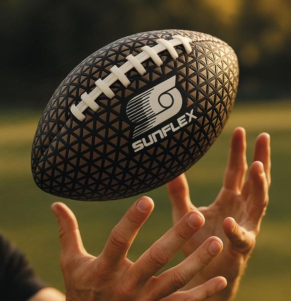 American-Football mit Sunflex-Logo schwebt über ausgestreckten Händen.