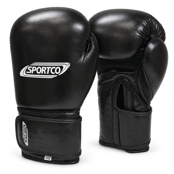 Schwarze Sportco Boxhandschuhe mit gepolsterter Schlagfläche und breitem Klettverschluss am Handgelenk, gezeigt in Vorder- und Seitenansicht auf weißem Hintergrund