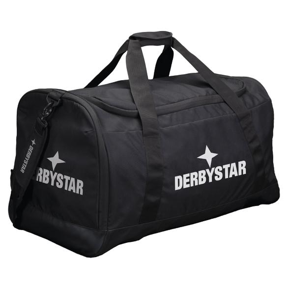 Schwarze Sporttasche mit DERBYSTAR-Logo, robust und geräumig für Training und Reisen.