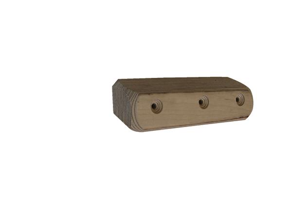 Mehrschichtiges Einhängeklotz für Turnbänke aus Holz mit drei Bohrungen.