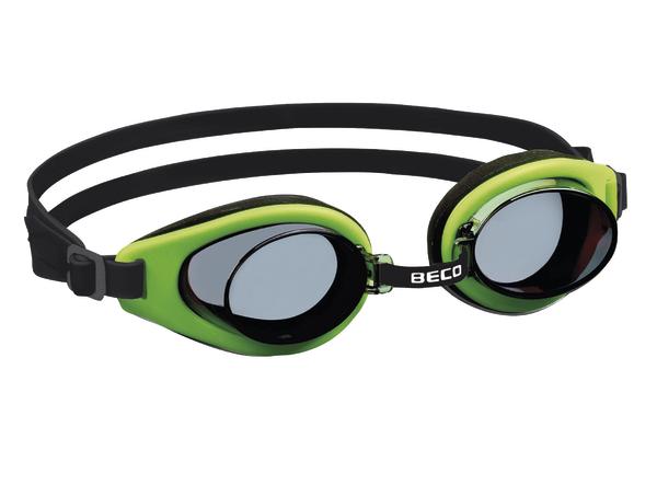 Schwimmbrille mit grünem Rahmen und getönten Gläsern, verstellbarem schwarzen Gurt.