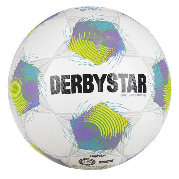 Weißer DERBYSTAR Brillant Light 350 Fußball mit lila-gelb-türkisem Spiraldesign und strukturierter Oberfläche Rückseite