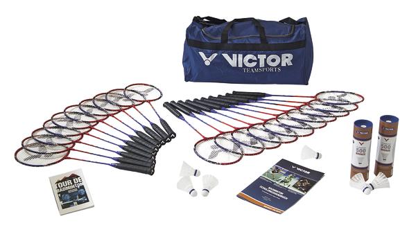 Komplettes Badminton-Set mit 20 Schlägern, 12 Federbällen, Anleitung und Victor Sporttasche.