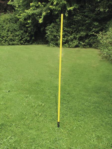 Gelber Markierungsstab auf grünem Rasen vor dichtem Buschwerk im Garten.