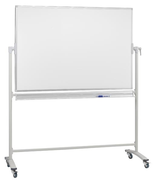 Weißes, drehbares Whiteboard auf Rollen mit Ablage für Marker, ideal für Büro und Schule.