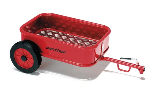 Roter Winther Kinderanhänger mit zwei Rädern und Metallboden, ideal für Spielzeugtransport.