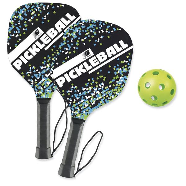Zwei Pickleball-Schläger mit blau-grünem Muster und ein grüner Pickleball-Ball.