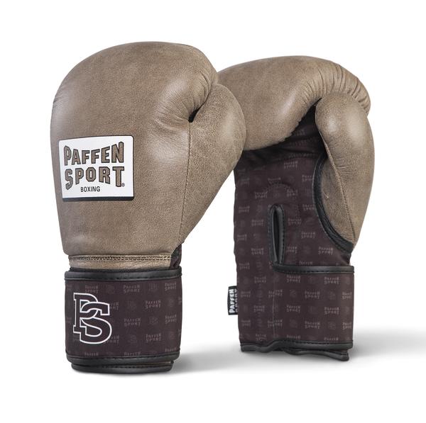 Braune Paffen Sport Boxhandschuhe aus Leder mit Klettverschluss, Paaransicht auf weißem Hintergrund.