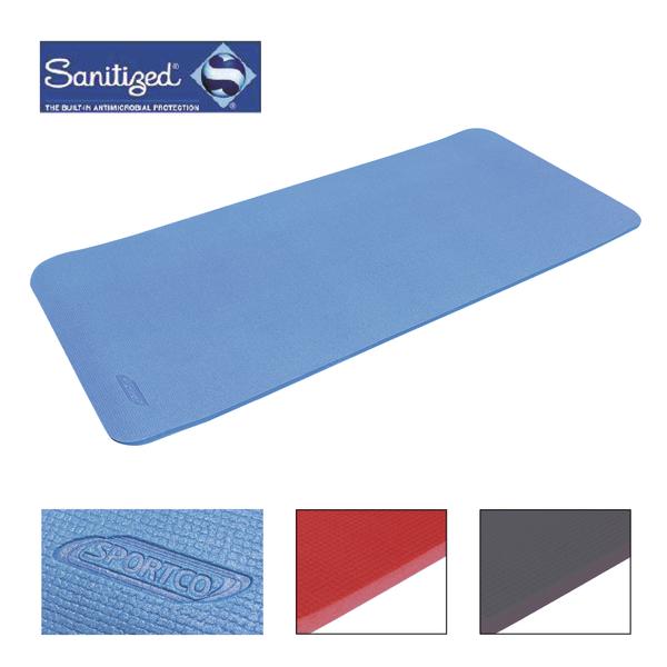Blaue SPORTCO Gymnastikmatte mit Sanitized Hygieneschutz.