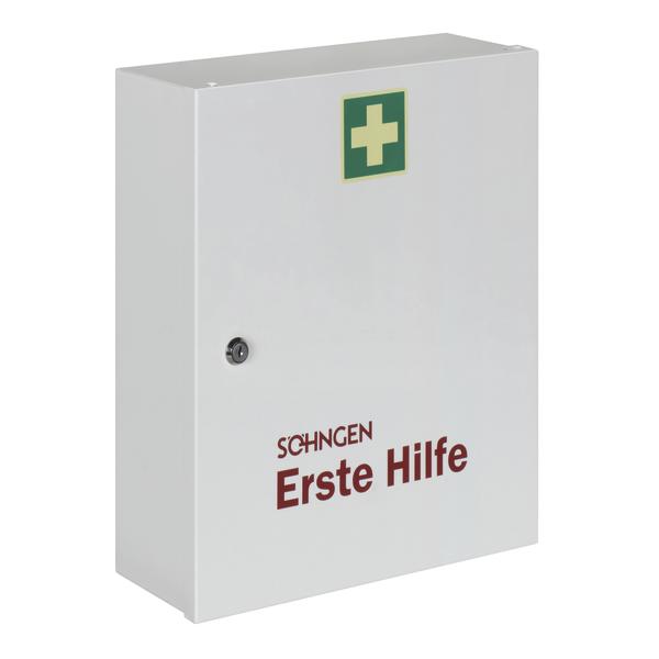 Erste-Hilfe-Schrank aus Metall mit grünem Kreuz und roter Aufschrift "Erste Hilfe".