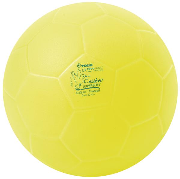 Gelber Soft-Fußball aus Schaumstoff mit 22 cm Durchmesser, ideal für drinnen und draußen.
