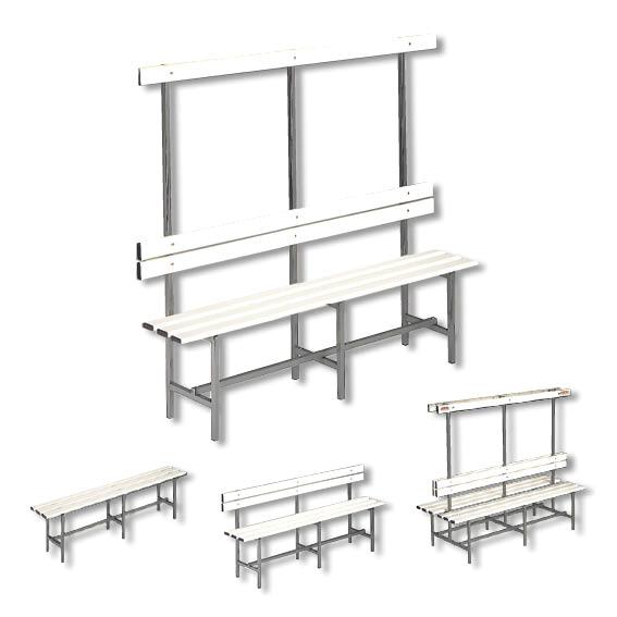 Weiße Umkleidebank mit Rückenlehne und Garderobenstange aus Metall.