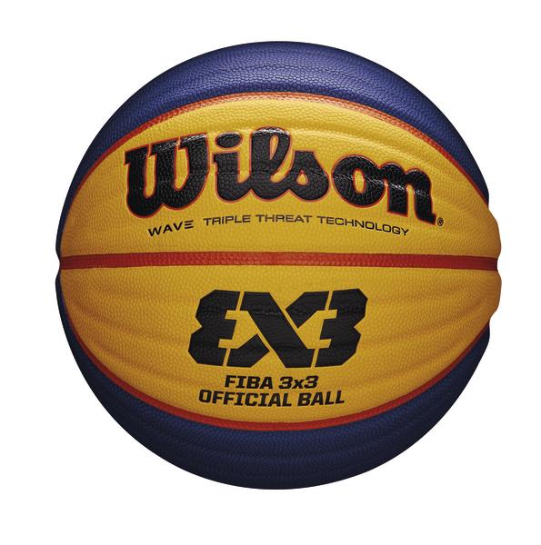 Wilson FIBA 3x3 offizieller Basketball in Gelb und Blau mit Logo und Schriftzug.