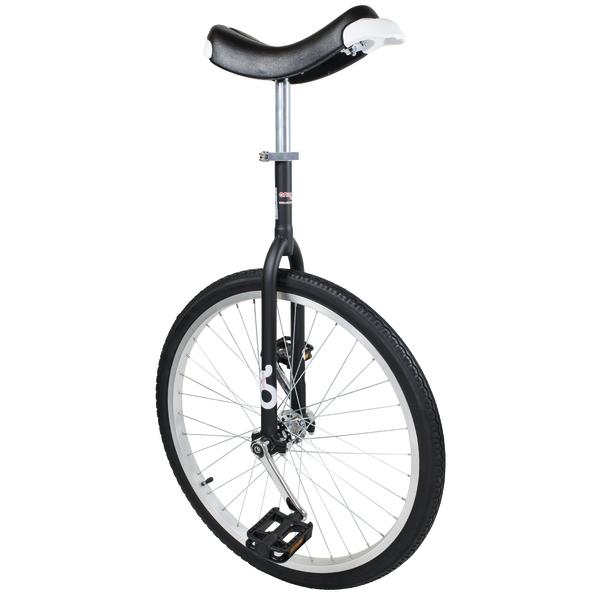 Schwarzes Einrad mit Sattel und Pedalen auf weißem Hintergrund.