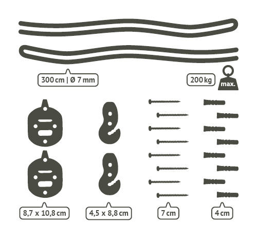 Seilspannset mit 3 Meter Stahlseil, Haken, Schrauben und Dübeln für 200 kg Belastung.