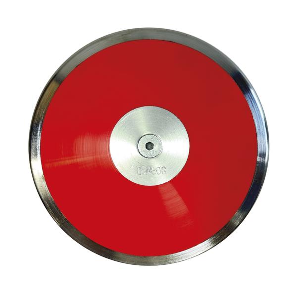 Diskus-Scheibe 750 g mit rotem Mittelteil und Metallrand, Sportgerät für Wurftraining.