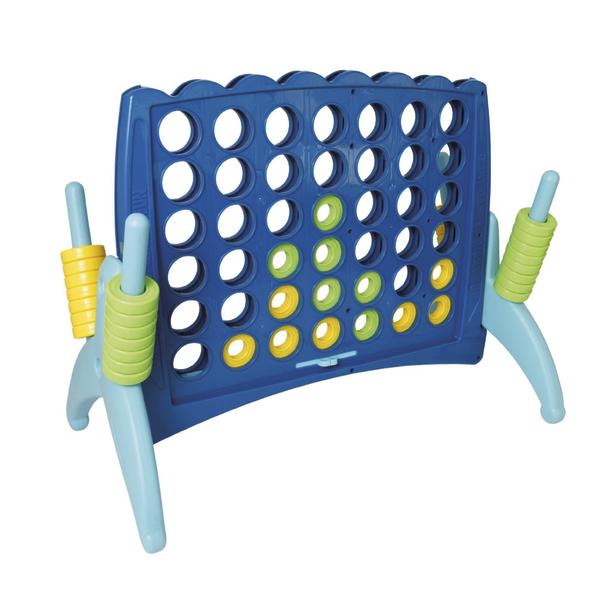 Großes Vier-gewinnt-Steckspiel mit blauem Gitter und grünen sowie gelben Spielscheiben vor weißem Hintergrund.