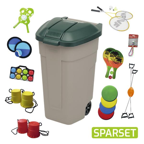 Spieltonne mit verschiedenen Outdoor-Spielgeräten im Set, inklusive Badminton, Beachball und Jonglierbällen.
