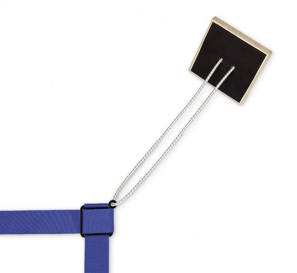 Blauer Spanngurt mit Metallhaken und schwarzem Schutzpad auf weißem Hintergrund.