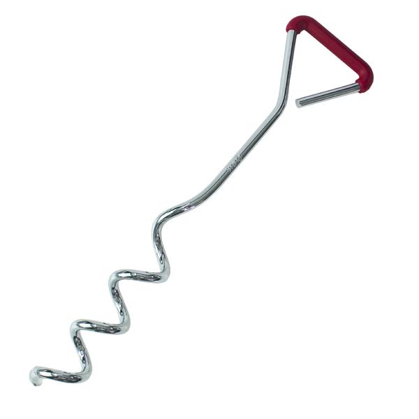 Metallischer Erdbohrer mit rotem Griff.