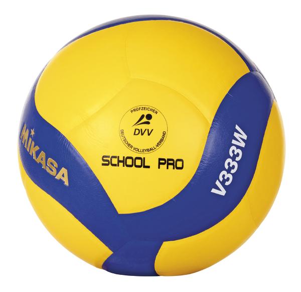 Gelb-blauer Mikasa School Pro Volleyball mit Prüfzeichen des Deutschen Volleyball-Verbandes.