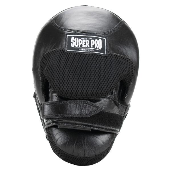 Schwarzer Super Pro Boxpratzen-Trainingshandschuh aus Leder mit Klettverschluss.