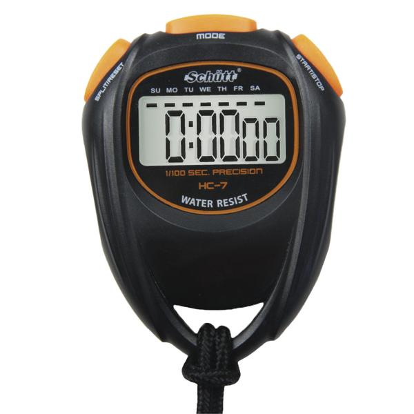 Schwarze digitale Schütt Stoppuhr HC-7 mit orangefarbenen Akzenten und großem Display