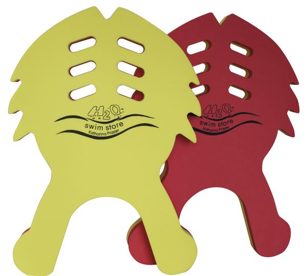 Zwei Schwimmbretter in Gelb und Rot mit Griffen und H2O Swim Store Logo.