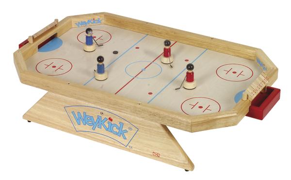 Tischhockey-Spiel aus Holz mit Spielfiguren und Toren, WeyKick Marke.