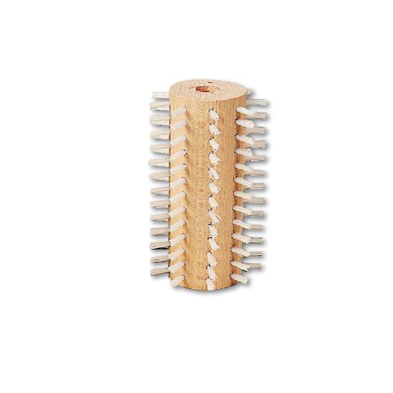 Runde Holzbürste mit weißen Borsten für Trockenmarkierwagen.