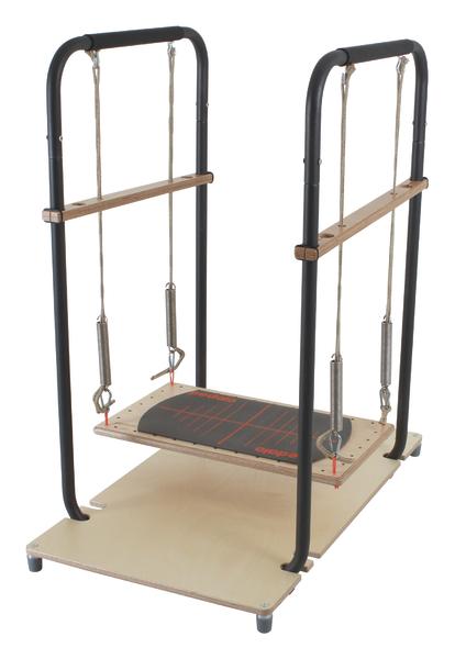 Stabilisator mit Holzplattform, Metallrahmen und verstellbaren Federn für Ganzkörpertraining.