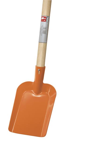 Orange Schaufel mit Holzstiel für Garten- und Bauarbeiten, robuste Metallklinge.