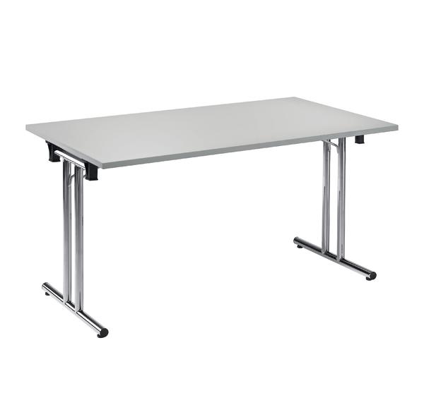Moderner rechteckiger Klapptisch mit grauer Tischplatte und verchromten Metallbeinen.