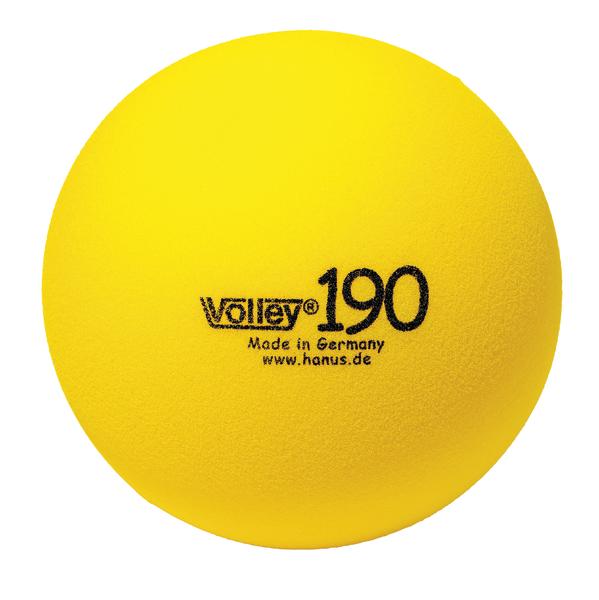 Gelber Volleyball mit Aufdruck "Volley 190", hergestellt in Deutschland, auf weißem Hintergrund.
