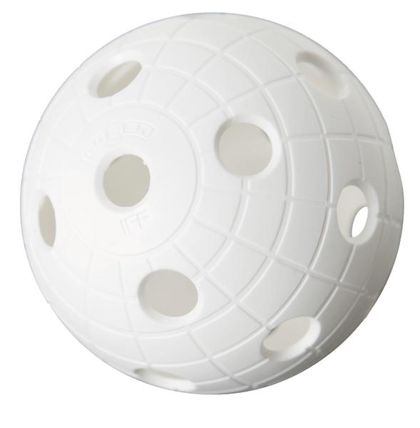 Weißer Floorball-Ball mit Löchern und strukturierter Oberfläche, Sportgerät für Hallenhockey.