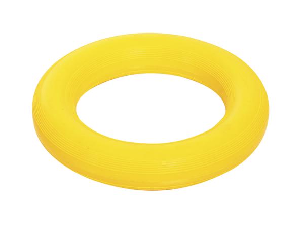Gelber Kunststoff-Ring als Greif- und Trainingshilfe für Hand- und Fingerübungen.