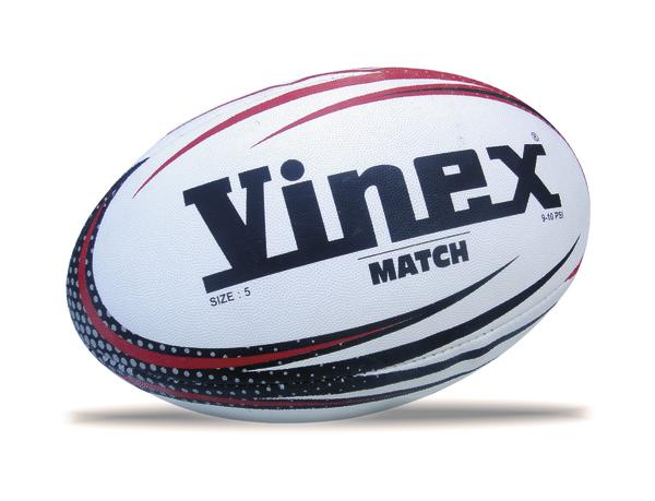Weißer Vinex Match Rugbyball Größe 5 mit roten und schwarzen Akzenten auf weißem Hintergrund.