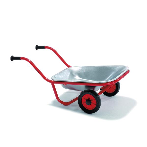 Schubkarre mit rotem Rahmen und zwei Rädern, ideal für Garten- und Bauarbeiten.