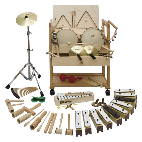 Vielfältiges Percussion-Instrumenten-Set aus Holz und Metall für Kinder und Musikunterricht.