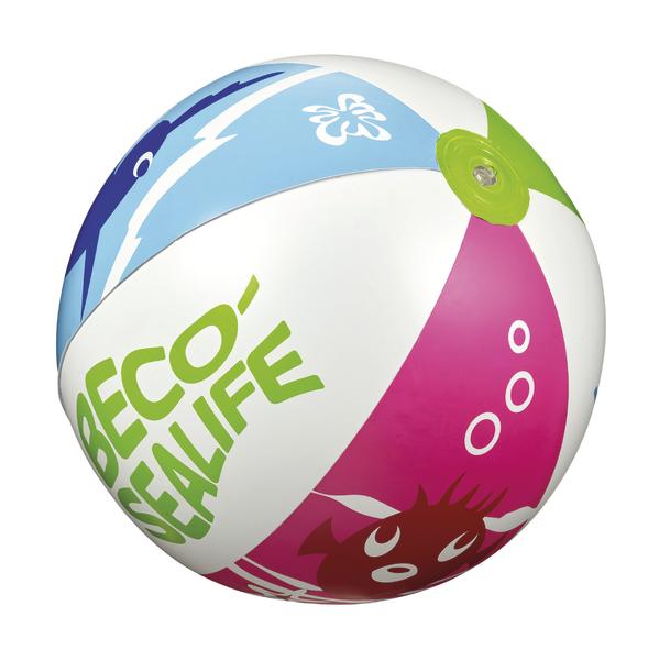 Aufblasbarer bunter Strandball mit SEA LIFE und Meeresmotiven, ideal für Sommer und Strand.
