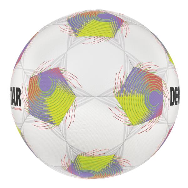 Weißer DERBYSTAR Brillant S-Light 290 Fußball mit lila-gelb-grünem Spiraldesign und strukturierter Oberfläche seitliche Ansicht