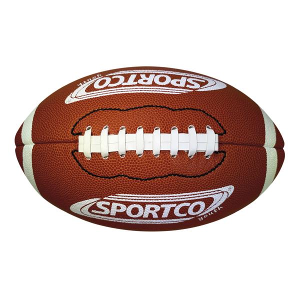 Brauner SPORTCO Youth Gummi-Football mit weißer Schnürung, genoppter Oberfläche und klassischem American-Football-Design
