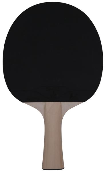 Pingpong-Schläger mit schwarzer Schlagfläche und hellem Holzgriff, freigestellt auf weißem Hintergrund.