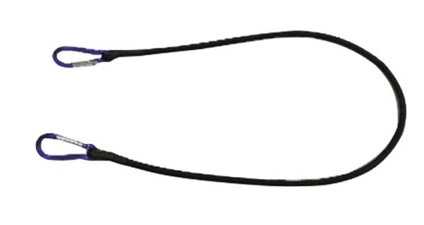 Elastisches Spanngummi mit zwei Metallkarabinern, ideal zum Sichern von Gegenständen.