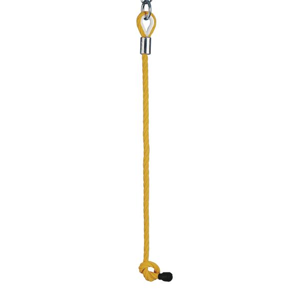 Gelbes Kletterseil mit Metallöse und Karabinerhaken für Outdoor-Aktivitäten.