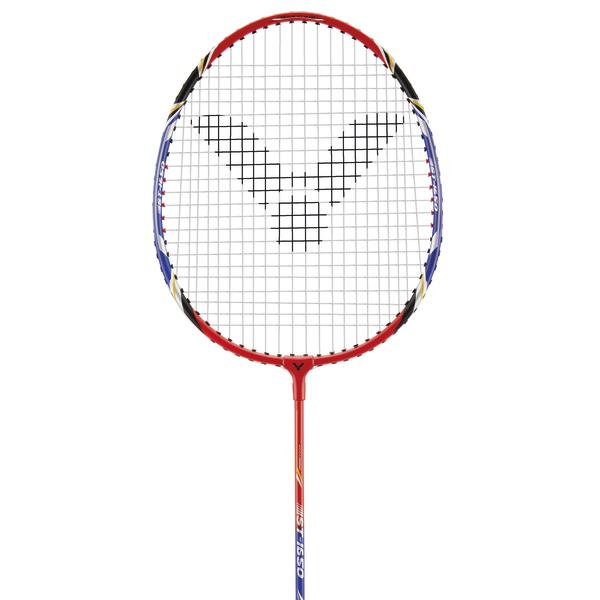Badmintonschläger von Victor in Rot, Blau und Schwarz mit bespanntem Schlägerkopf vor weißem Hintergrund.