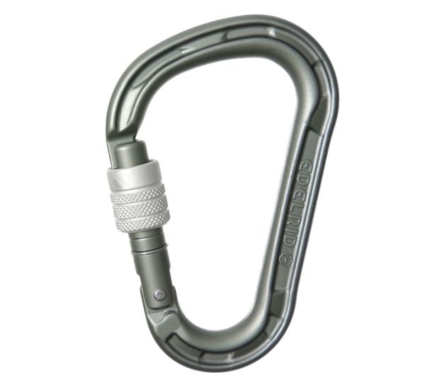 Karabiner aus Metall mit Schraubverschluss, ideal für Klettern und Outdoor-Aktivitäten.