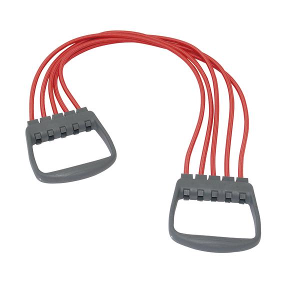 Widerstandsband mit Griffen für Krafttraining und Fitnessübungen, rot und grau.