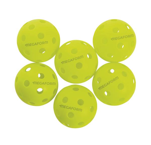 Sechs gelbe Wiffleball-Spielbälle mit Löchern, ideal für Outdoor-Sport und Training.